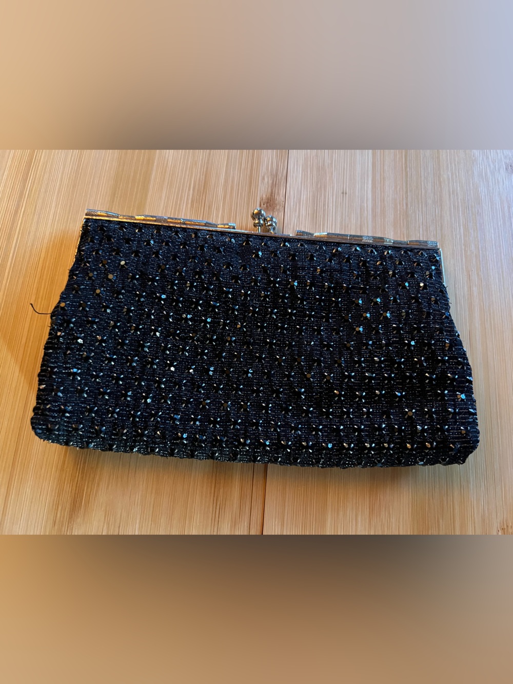 Vintage Black Beaded Evening Clutch Kiss Lock Frame Formal Cocktail Purse